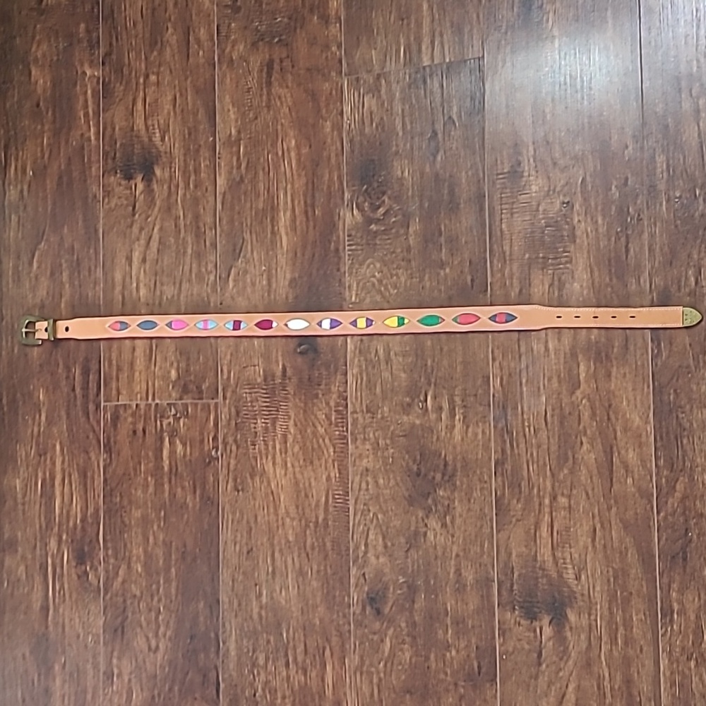 Western Leather Embroidered Belt with Brass Accents Tan, Purple, Yellow, White - Picture 8 of 12